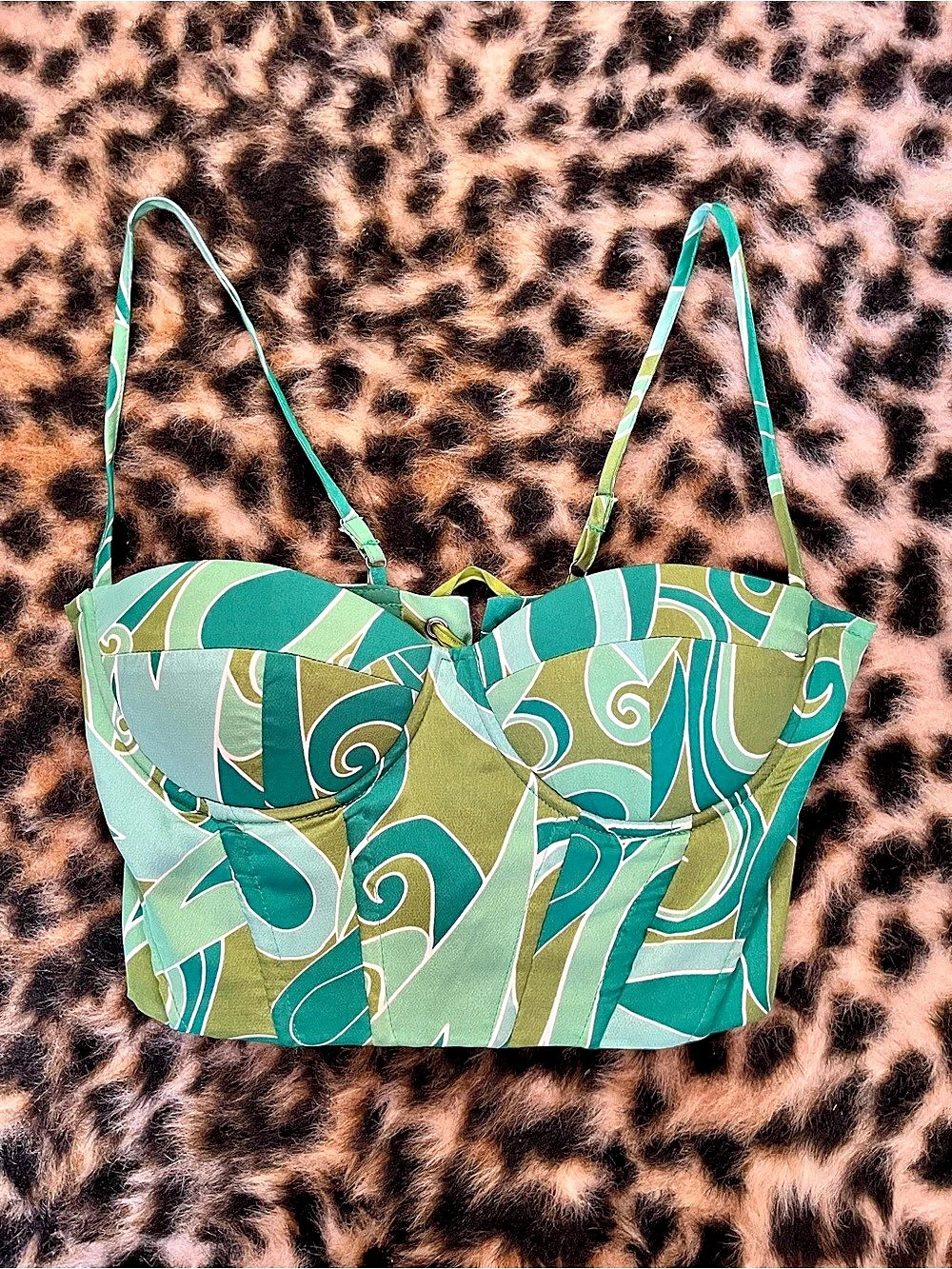 Abstract Lace-Up Crop Top in Green & Teal Like New